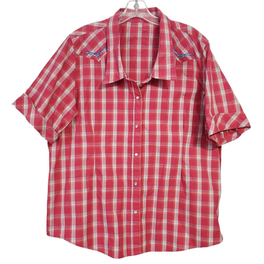 Bit & Briddle Pearl Snap Shirt Women's 1X Pink Plaid Embroidered Western Cowgirl
